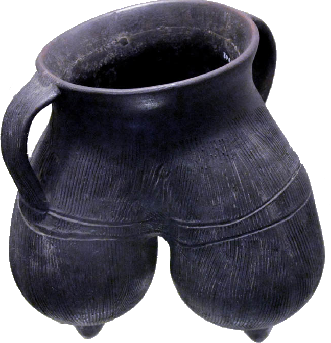 Tripode, vase à anses. Terre cuite grise à lustrage noir, décor excisé. Culture Longshan 2000-1700 BCE. Victoria and Albert Museum